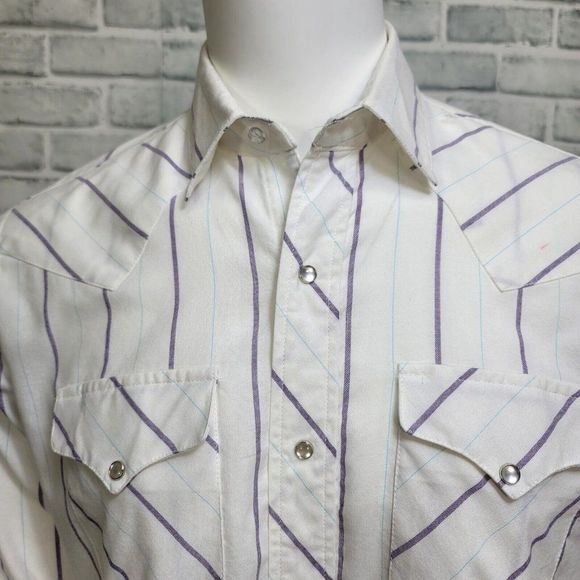 VTG‎ Miller Stockman Western Wear Mens 16/34 Shirt White Striped Pearl Snap USA - Picture 2 of 9